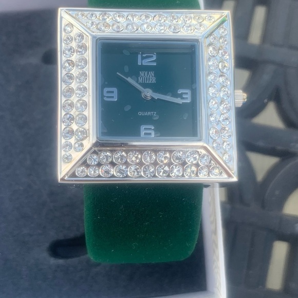 🆕 Nolan Miller Glamour Collection Cuff Watch Green Velour Crystals - Picture 1 of 6